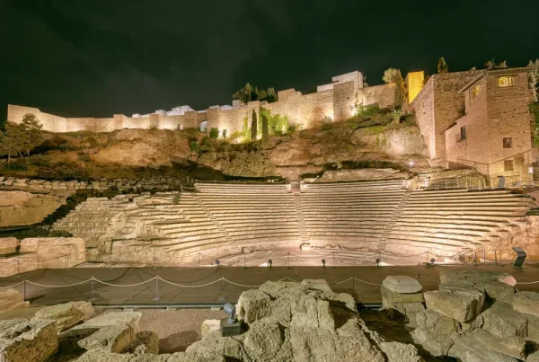 Malaga Roman Theatre and the Castle of Gibralfaro at night