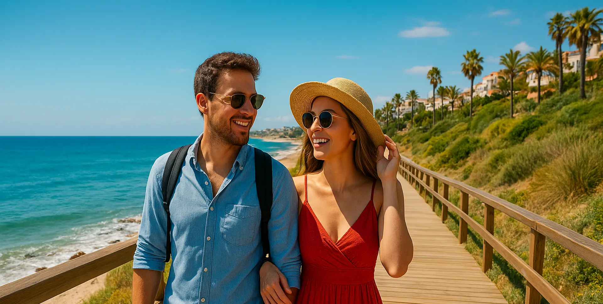 Couple taking a coastal walk along the boardwalk in Mijas Costa Spain